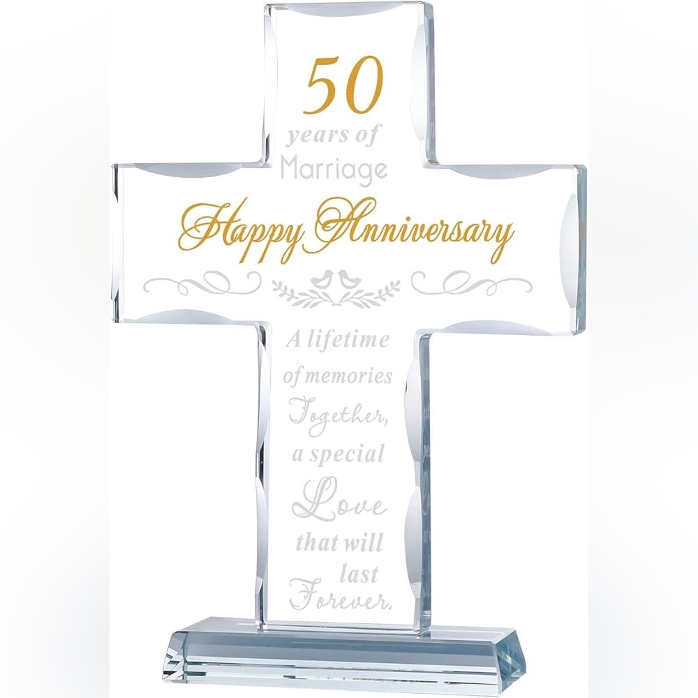 NEW IN BOX 50th Wedding Anniversary Cross Laser Engraved Glass Keepsake Gift - Picture 2 of 9